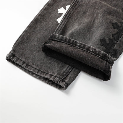 Chrome Hearts Distressed Denim Jeans | Stretch Tapered Fit