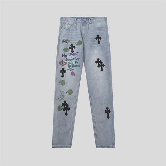 Chrome Hearts Distressed Denim Jeans | Stretch Tapered Fit