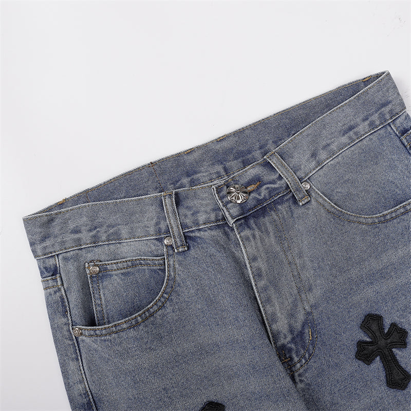 Chrome Hearts Distressed Denim Jeans | Stretch Tapered Fit