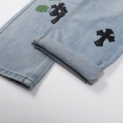 Chrome Hearts Distressed Denim Jeans | Stretch Tapered Fit